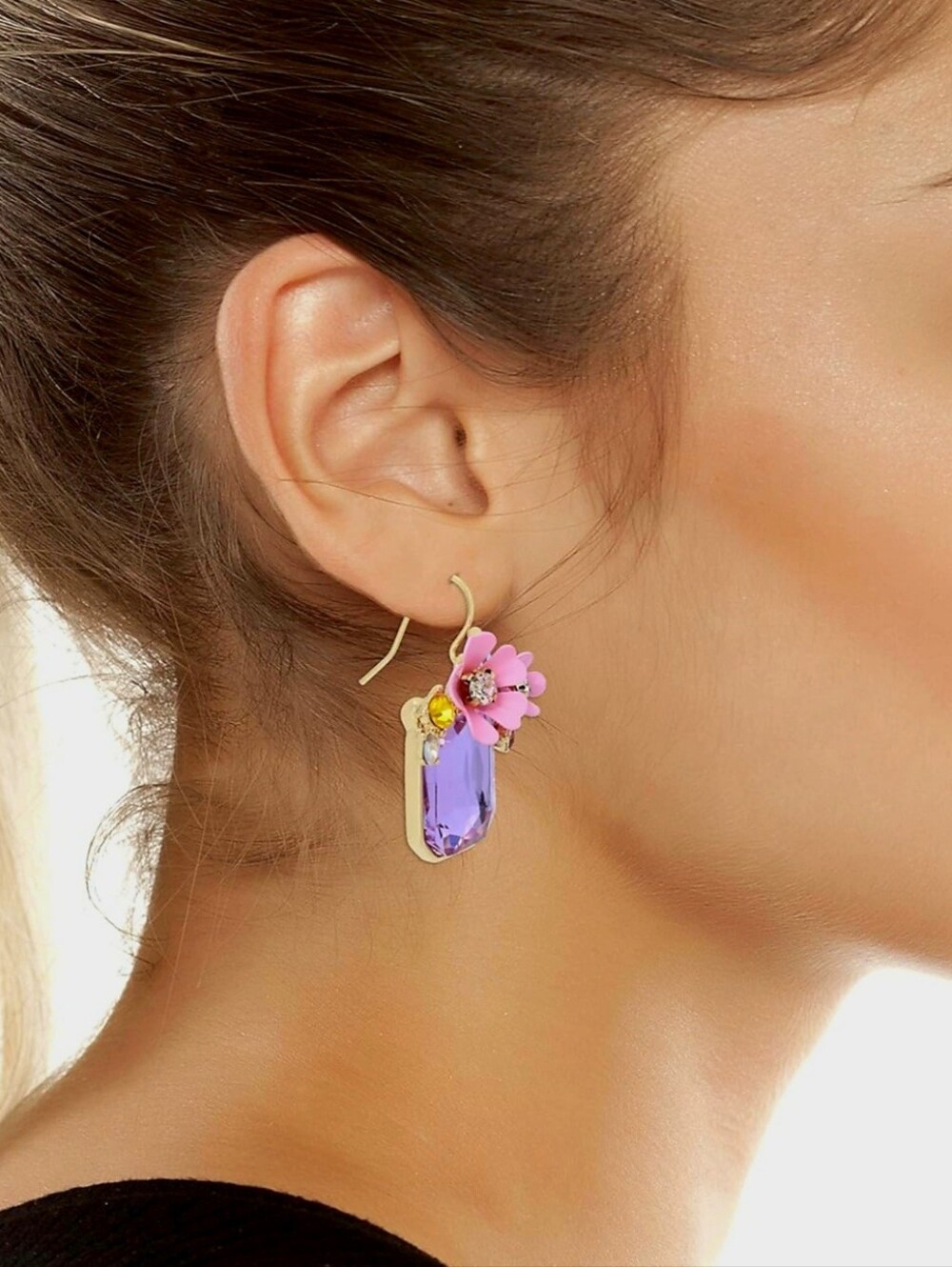 NEW Betsey Johnson Purple Pink Flower Cluster Iridescent Stone Drop Earrings NWT - Picture 4 of 4
